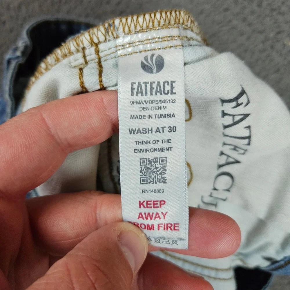 Fat Face UK Mens Slim Eco Denim Jeans Light Wash Blue Size 34L 34x32
